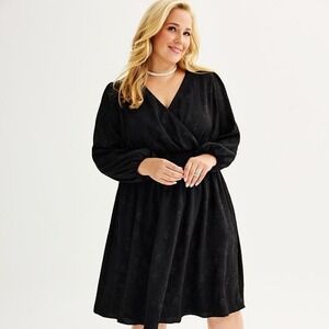 Draper James RSVP Plus 1X Smocked Waist Dress Surplice V-Neck Black Long Sleeve